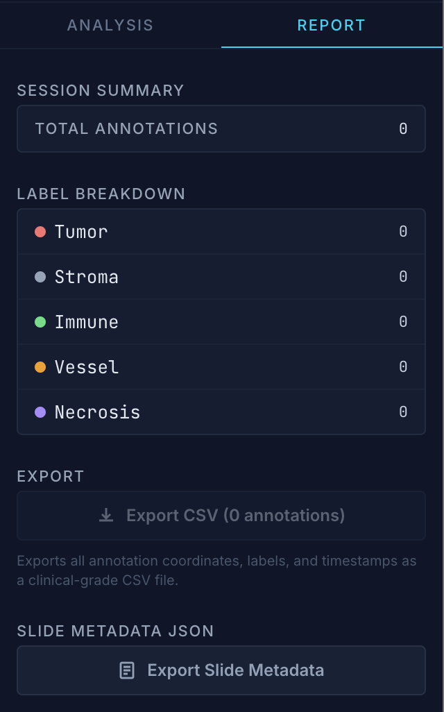 Report tab showing session summary and export options